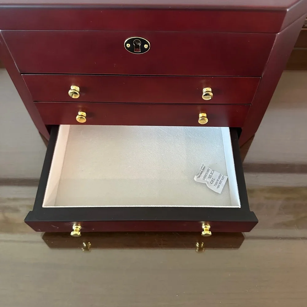 Jere Wooden Jewelry Box Chest Large 3 Drawer Locking Cherry Finish Organizer